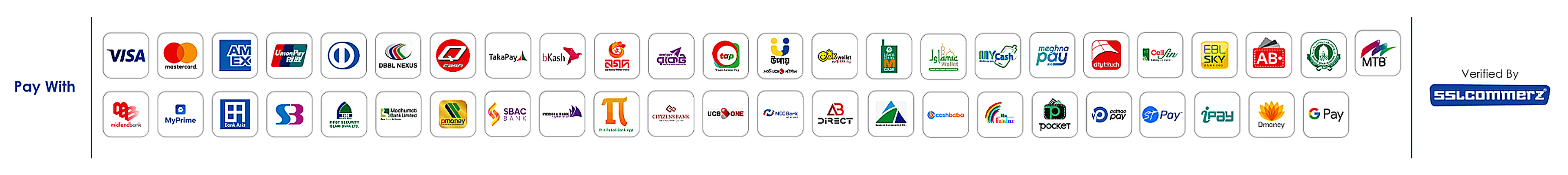 Pay with Visa, Mastercard, bKash, Nagad, Rocket and more — Verified by SSLCommerz